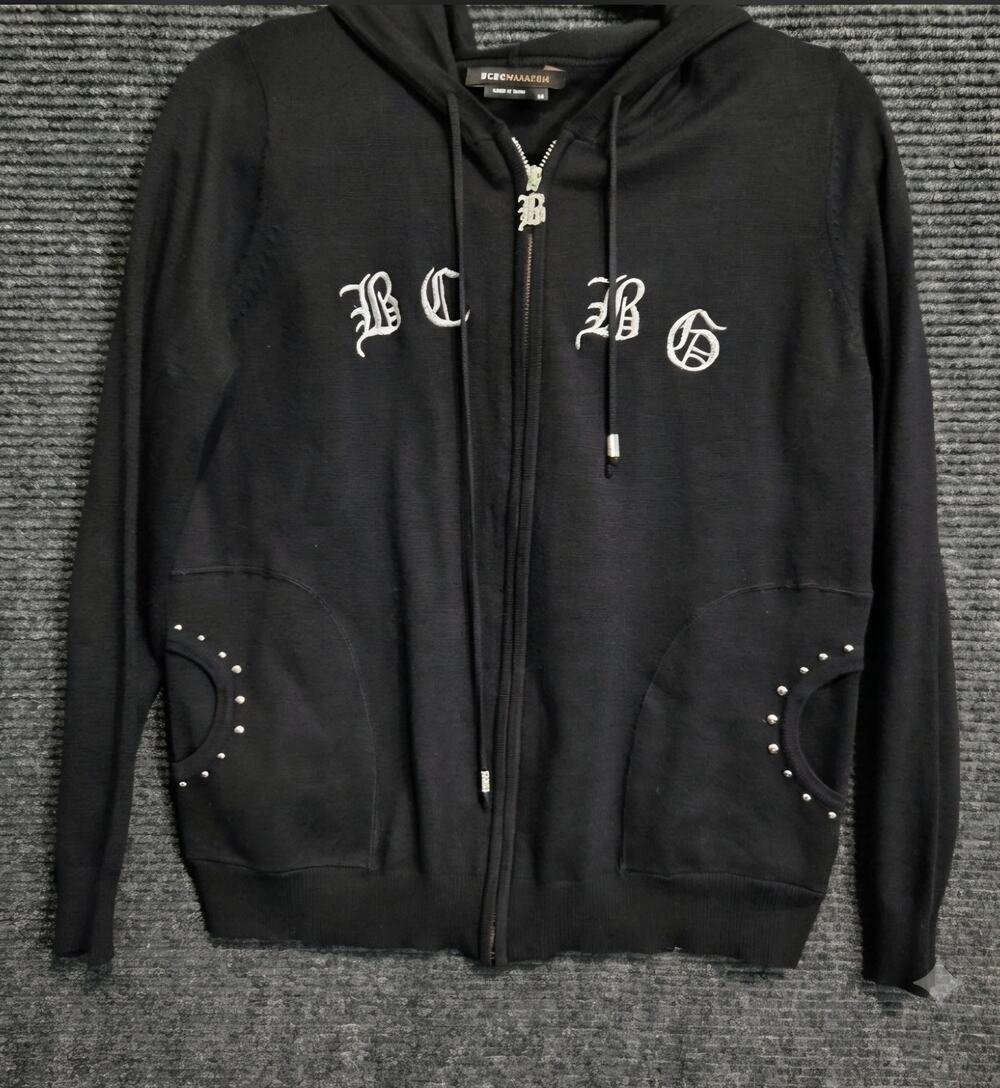 BCBGMAXAZRIA Black Full Zip Hoodie Rhinestone Embellished Logo Rhinestone XL